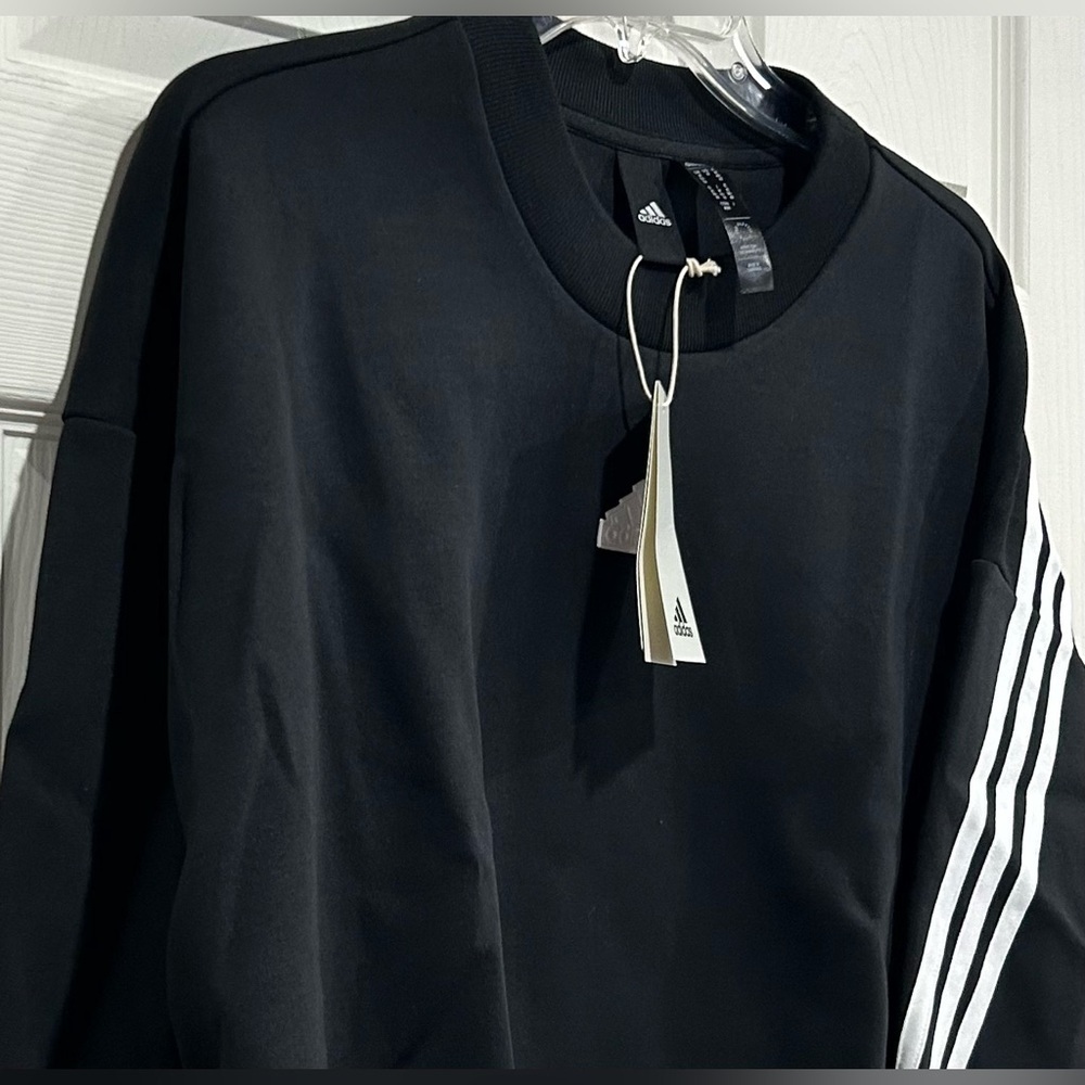 adidas Women's L Large Future Icons 3-Stripes Crew Sweatshirt Black White NWT - Picture 2 of 16
